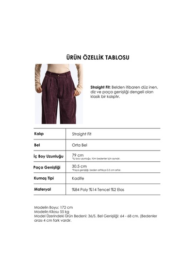 Kadın Bordo W6-52 Straight Crop Pürüzsüz Velvet Kadife Kumaş Pantolon