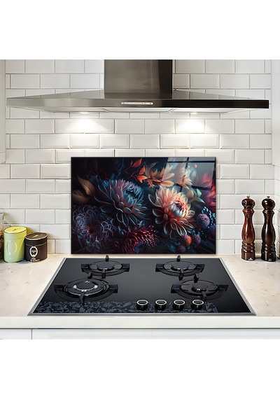 Cam Ocak Arkası Koruyucu Dark Flowers 40cm X 60cm