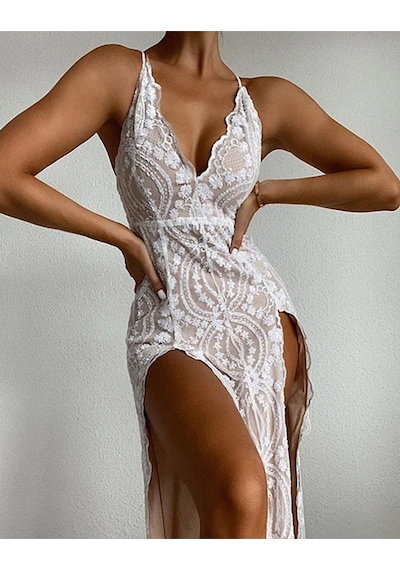 Fashion Cocktail Çift Çok Derin Yırtmaçlı Payetli Abiye Uzun Maxi Elbise Beyaz