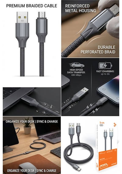 3.4a Usb To Micro Metal Başlıklı Silikon Hızlı Şarj Ve Data Aktarım Kablosu Gri 1 Metre Mt2433