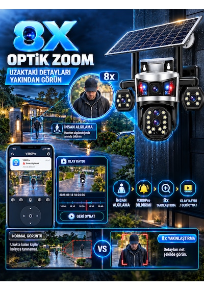 Dobest 4g Sım Kartlı 4k 5 Lensli 8x Zoom Ptz Solar Güvenlik Kamerası V380 Pro Güneş Enerjili Dış Mekan Kamera