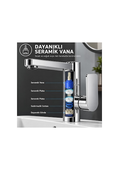Krom Lavabo Bataryası 360 Döner Gövde Seramik Kartuşlu Tek Kumandalı Şık Tasarım Gümüş