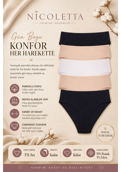 Nicoletta Kadın Külot Yüksek Bel Bikini 5 Li Paket Pamuklu Mıxcolor