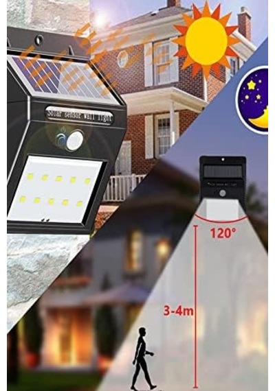 Pır Hareket Sensörlü 20 Led Solar Güneş Enerjili Su Geçirmez Duvar Lambası 4 Işık