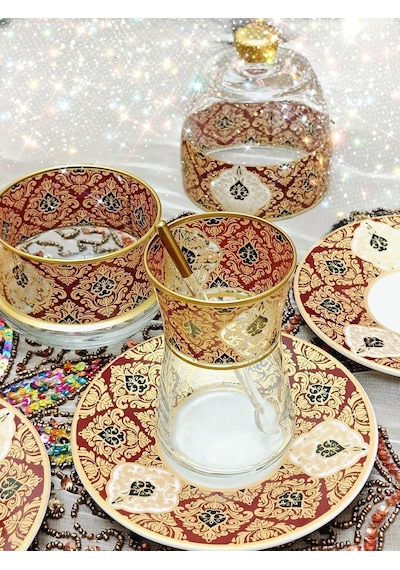 Heybeli Altın Bordo Desenli Cam Porselen Çay Seti 6 Kişilik Tea Set For 6 Persons Premium Porcelain çok renkli