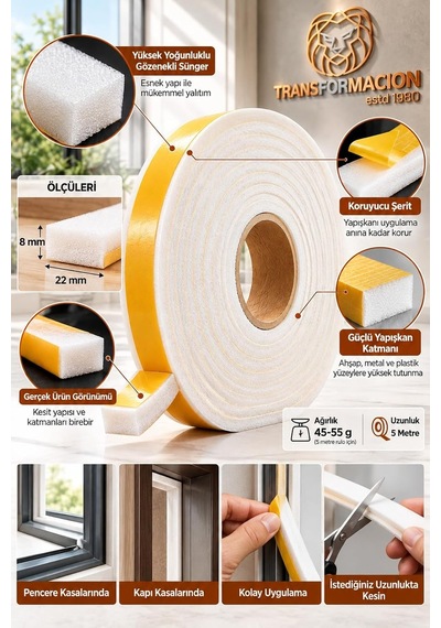 Tr 12 Metre Kapı Pencere İzolasyon Süngeri 22x8 Mm Yapışkanlı Yalıtım Bandı 723804