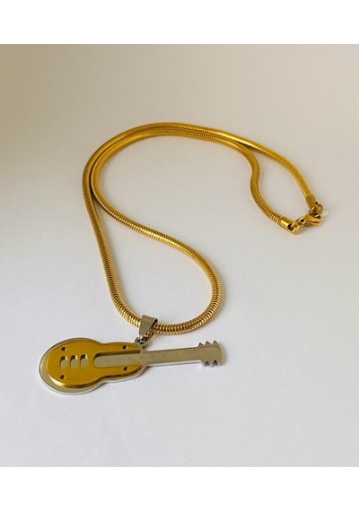 Vercetti 1. Sınıf Kalın Çelik Burgu Zincir Gitar Figürlü Altın ve Gümüş Renk Kolye
