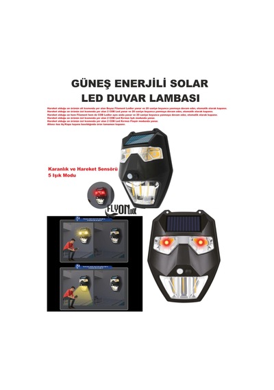 Güneş Enerjili Solar Led Duvar Lambası 5 Işık Modlu Karanlık Otomatik Devre Ev,bahçe,teras Fener