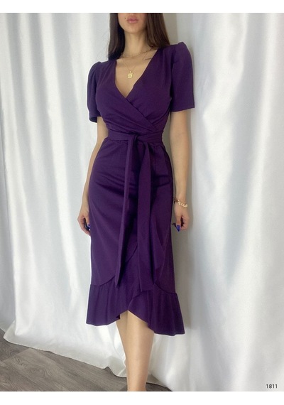 Efnaz Style Kadın Kruvaze Yaka Midi Boy Kuşaklı Krep Elbise 120 Cm Mürdüm