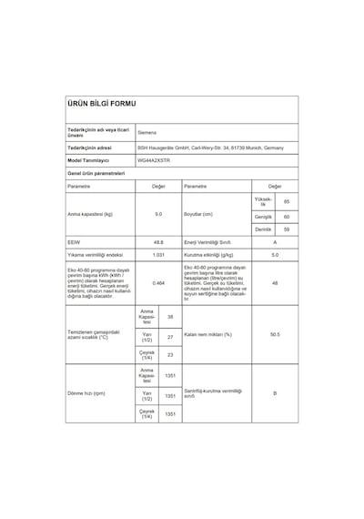 Siemens WG44A2XSTR 1400 Devir 9 KG Çamaşır Makinesi