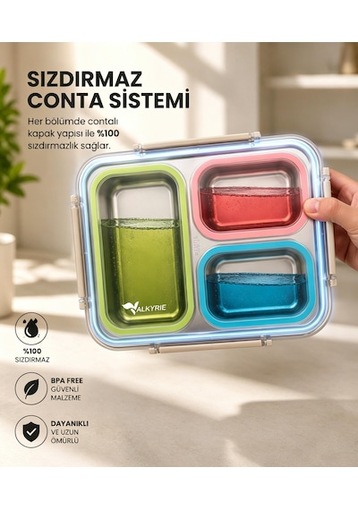 Valkyrie 3 Gözlü Paslanmaz Çelik Lunch Box Termal Taşıma Çantalı, Sızdırmaz Contalı 304 Çelik Bölmeli Yemek Kabı Çok Renkli