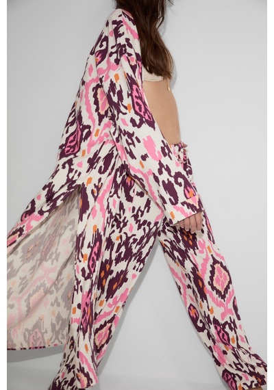 Grımelange Narvena Kadın Keten Karışımlı Baskı Detaylı Rahat Kalıp Pembe Baskılı Kimono
