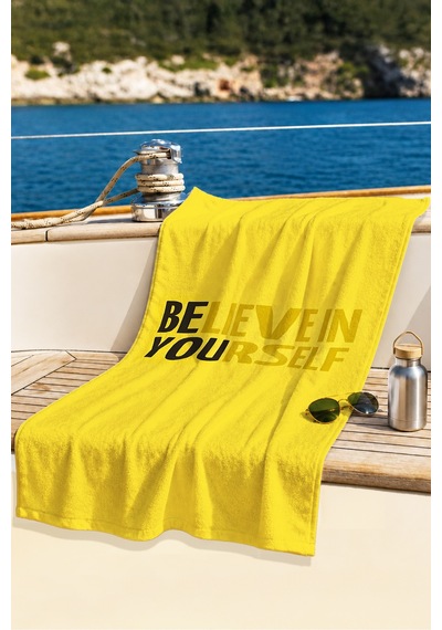 Sarı Yazı Temalı Modern Plaj Havlusu - Minimalist Tipografik Stil Hızlı Kuruyan Mikrofiber Havlu Dalgın Zambak