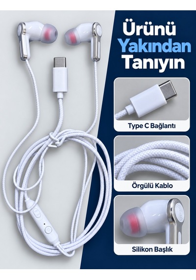 Örgülü Kablo Tasarımlı Kumandalı Beyaz Type C Kulaklık Akyı-384113