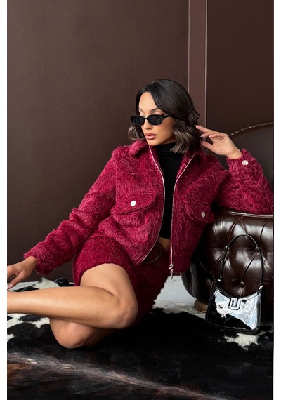 Verymoda Suni Kürk Görünümlü Kadın Ceket Bordo