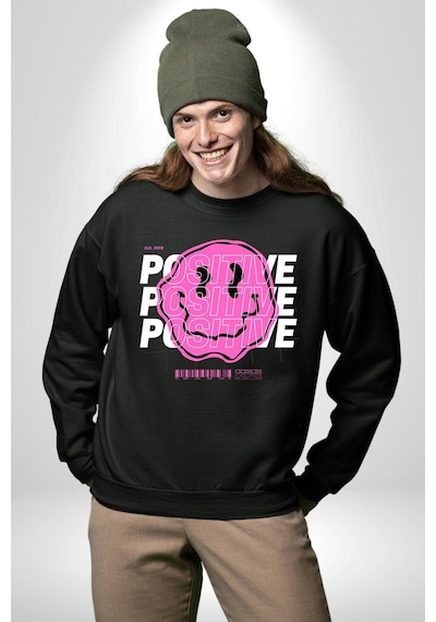 Positive Enerji Emoji Gülen Surat Unisex Siyah Sweatshirt Siyah
