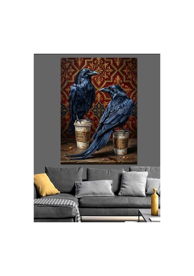 İki Siyah Kuzgun Ve Desenler Yağlı Boya Dokulu Kanvas Tablo Canvas Tablosu