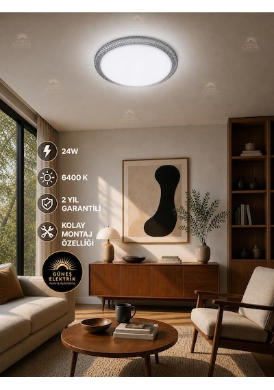 24 W Kristal Çerçeveli Tavan Armatürü, Esemlight,6400 K Beyaz Işık Turuncu