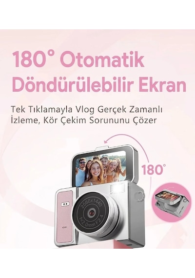2k Mini Dijital Retro Video Kamera Flaşlı Dijital Vlog Mini Fotoğraf Makinesi Türkçe Menü Pembe