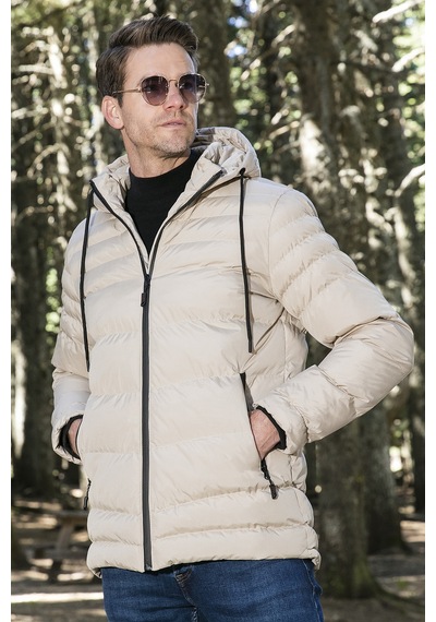 Buratti Su Itici Slim Fit Soğuğa Ve Rüzgara Dayanıklı Kapüşonlu Şişme Erkek Mont 649005 Taş