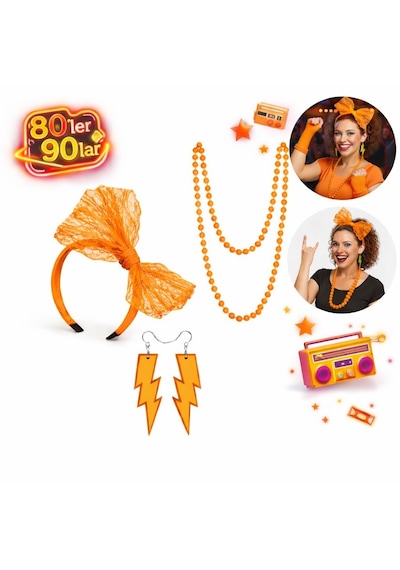 80 Ler 90 Lar Neon Turuncu Parti Seti Kolye Küpe Taç 2 "