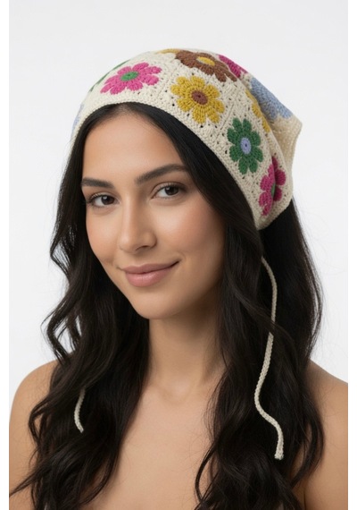Yazlık Çiçek Motifli Üçgen Triko Bandana Kadın Ayarlanabilir Saç Aksesuarı Çok Renkli