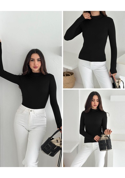 Kadın Yarım Balıkçı Yaka Parmak Geçmeli Full Likralı Buzz Body Siyah
