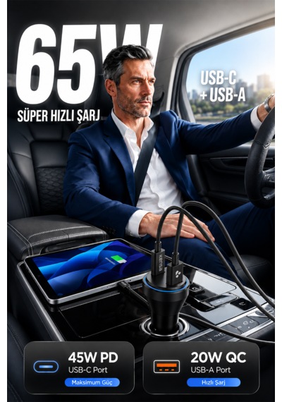 Kensa 65w Çift Portlu Hızlı Araç Şarj Aleti + Type-c To Lightning Şarj Kablosu Seti 65w Araç Şarj