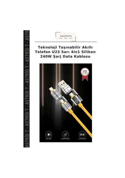 Teknoloji Taşınabilir Akıllı Telefon U23 Sarı 4in1 Silikon 240w Şarj Data Kablosu