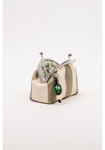 Fabric Craft Bag El Çantası İkili Set Kadın Duck Kumaş Çizgili Metal Klipsli 28x17 / 16x9 Cm Yeşil - Krem