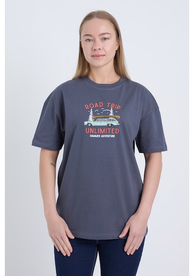 Velvoria Unisex Oversize Road Trip Baskılı Antrasit Renk T-shirt