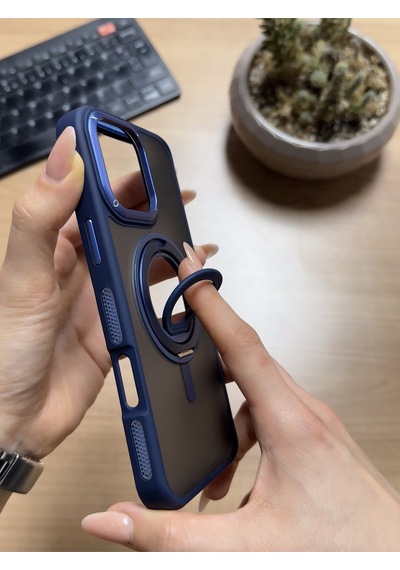 Apple Uyumlu iPhone 16 Pro Max Standlı Ve Yüzüklü Magsafe Kılıf Lacivert