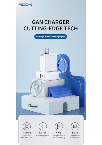 Rock T31 Gan 65w Pd 3.0 & Qc 4.0 Hızlı Seyahat Şarj Set Beyaz 2m Type-c To Type-c Kablo