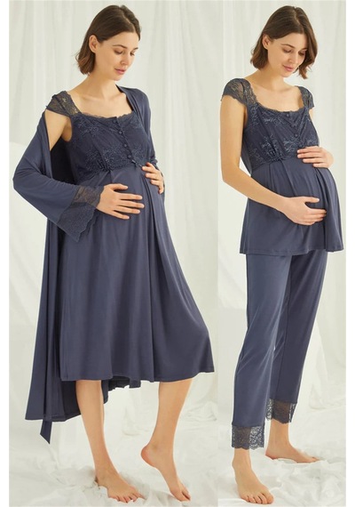 Monamise 18210305 Kadın Lacivert Hamile Lohusa Seti Sabahlık Gecelik Pijama Takım
