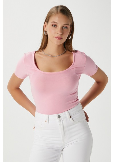 Ritnice Kadın Favor Lux Touch Yumuşak Doku U Yaka Pembe Bluz