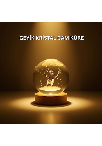 Usb Bağlantılı Geyik Temalı Kristal Küre Premium Masa Gece Lambas Çok Renkli