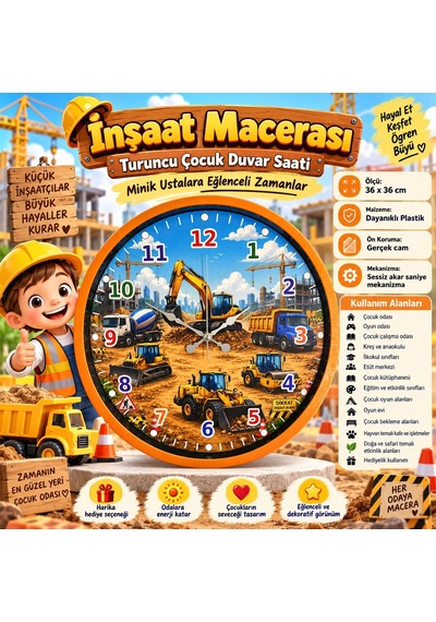 Almira Duvar Saati İnşaat Macerası Turuncu 36 X 36 Cm Çocuk Duvar Saati