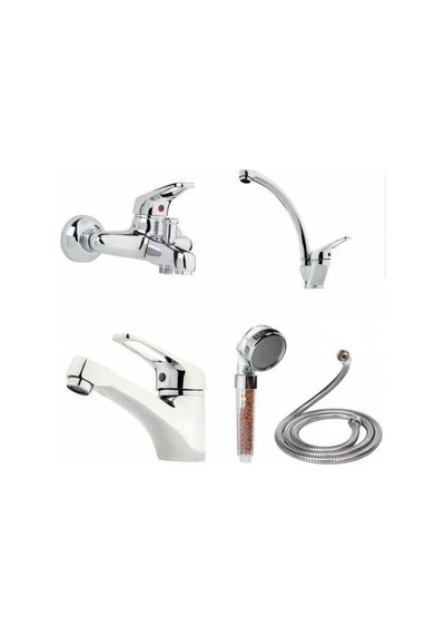 Banyo Mutfak Sabit Lavabo Batarya Seti + Kireç Tutucu Duş Seti