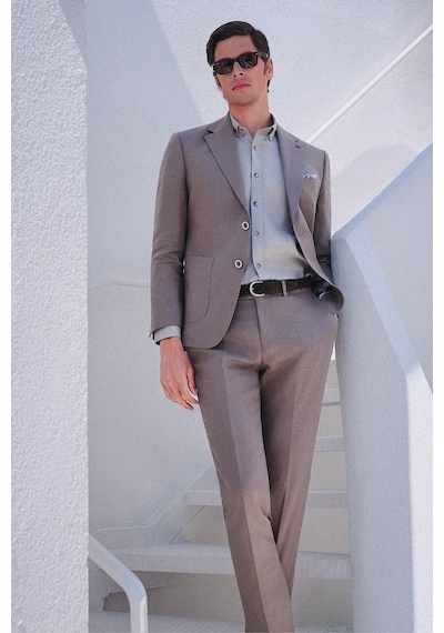 İmza Yeşil Mono Yaka Keten 6 Drop Slim Fit Yarım Astar %100 Keten Takım Elbise 1001260164 Açık Yeşil