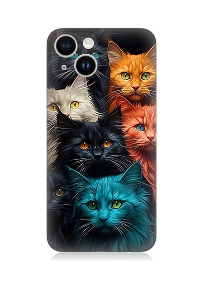 Apple Uyumlu iPhone 13 Silikon Kılıf Renkli Sevimli Kedi Yüzleri