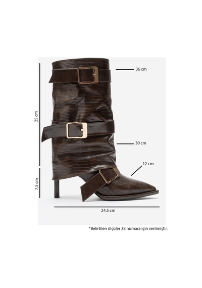 Luvi Shoes Ylva Kahverengi Çizgili Kemerli Kadın Topuklu Çizme