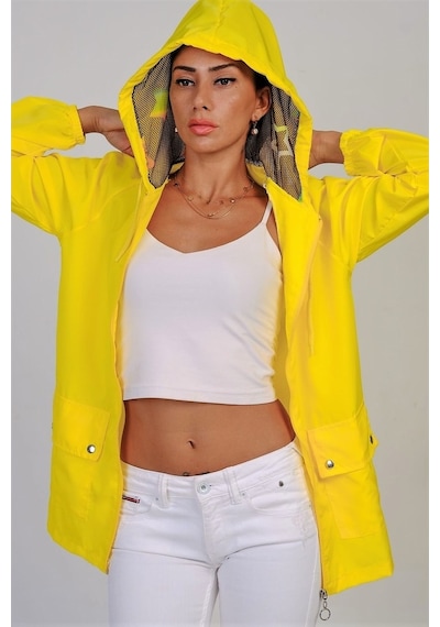 Keyifli Moda Kadın Sarı Yıldız Kapüşonlu Cepli İnce Yağmurluk