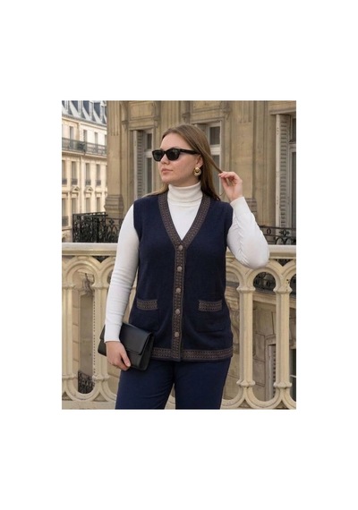 Onno Style Women Bantı Hasır Desenli Çelik Örgü Klasik Triko Yelek Lacivert