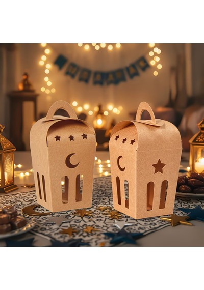 Ramazan Temalı Dekoratif Fener Kutusu, Ay Yıldız Kesim Hediyelik Kutu Seti, 6x9 Cm - 6 Adet, Kraft