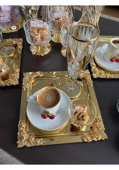Atabey Home Collection Tekli 1 Adet Kahve & Çay & Sunum Tepsisi Metal Döküm Kare Gold Tepsi Gül Model