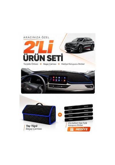 Chery Tiggo 8 Pro 2018-2024 Uyumlu Torpido Örtüsü + Tay Tüyü Bagaj Çantası + Sticker - Siyah Mavi