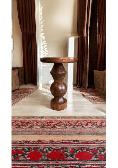 Wood Wooden Ahşap Tekli Mantar Yan Sehpa Modern Kestane Renk Fiskos Kahverengi