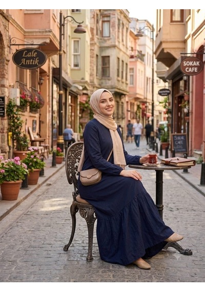 Kadın Düz Renk Dokuma Viskon Kumaş Uzun Tesettür Elbise Lacivert