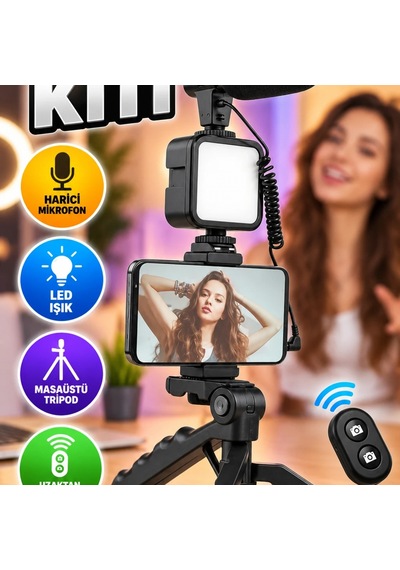 Kumandalı Mikrofonlu Tripod Telefon Tutucu Led Işıklı Vlog Video Çekim Kiti