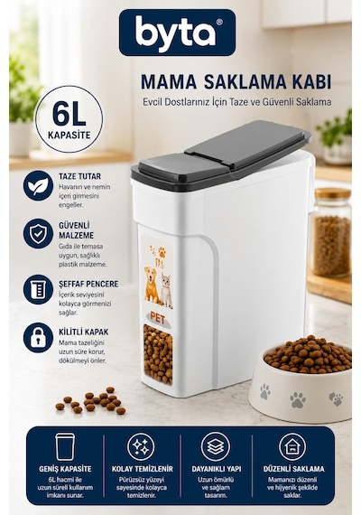 6 Litre Kapaklı Mama Saklama Kabı Hava Geçirmez Kedi Köpek Kuru Mama Saklama Kutusu
